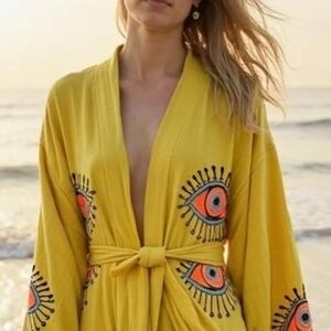 Cotton Turkish Robe - Yellow Handmade Evil Eye Pattern - Soft & Lightweight